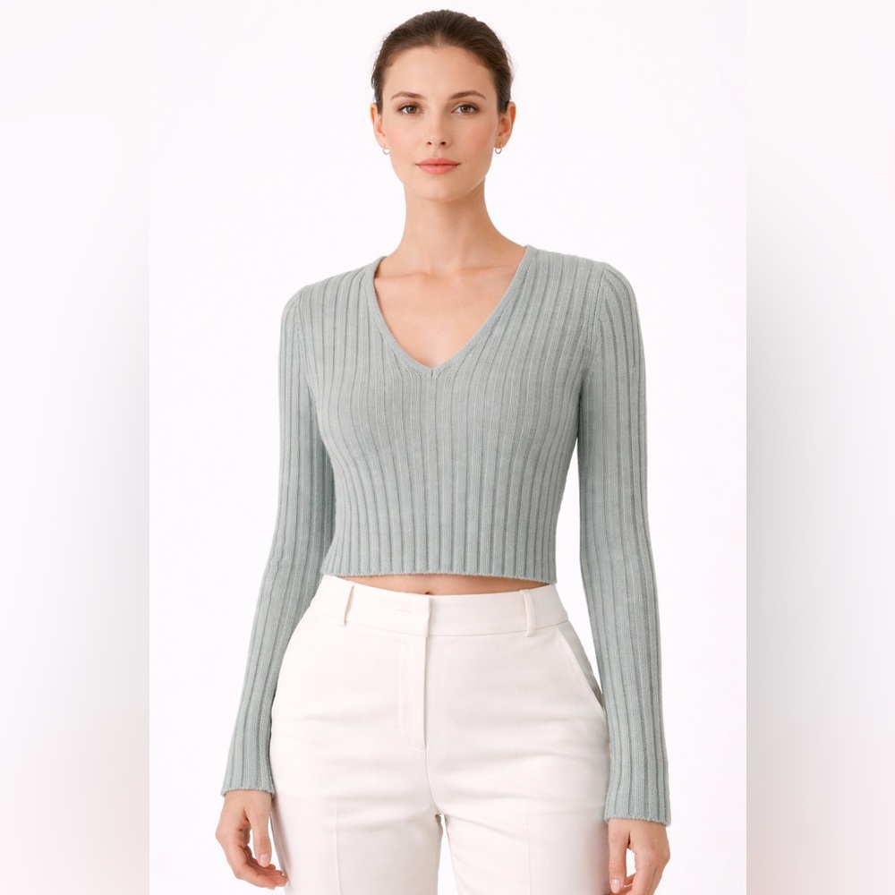 Luna Ivy Ribbed Crop Sweater Sage Green Minimalist Cozy